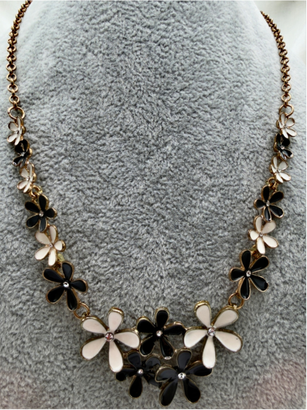 Black White Enamel Flower Statement Necklace Gold Tone